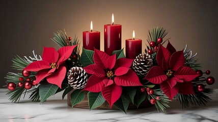 Festive christmas centerpiece with red poinsettias and burning candles
