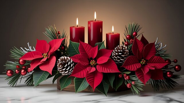 Festive christmas centerpiece with red poinsettias and burning candles