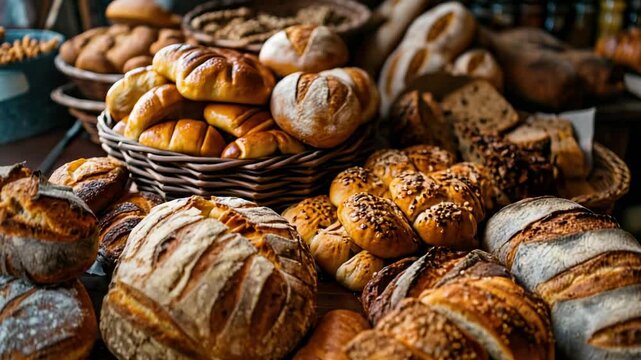 Freshly baked bread assortment at a local bakery showcasing a variety of textures and flavors in bright, warm lighting