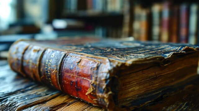 Exploring the beauty of an ancient book resting on a wooden table in a cozy library filled with old texts
