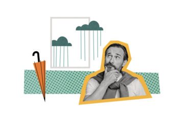 Collage image artwork of handsome thoughtful mature man hand touch chin hmm isolated on painted background