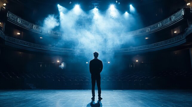 A lone figure stands on a theater stage