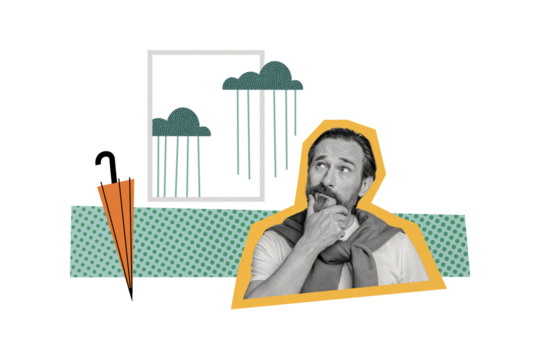 Collage image artwork of handsome thoughtful mature man hand touch chin hmm isolated on painted background