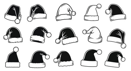 A diverse collection of hand-drawn Santa Claus hats, monochrome Christmas cap illustrations for festive holiday designs