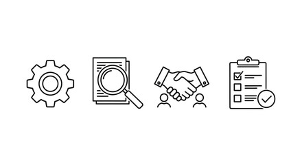 Business icons representing process analysis partnership and completion in simple line art style vector
