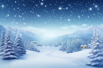 Beautiful winter night scene with snow falling on cosy illuminated houses in a snowy valley surrounded by snow covered trees and mountains