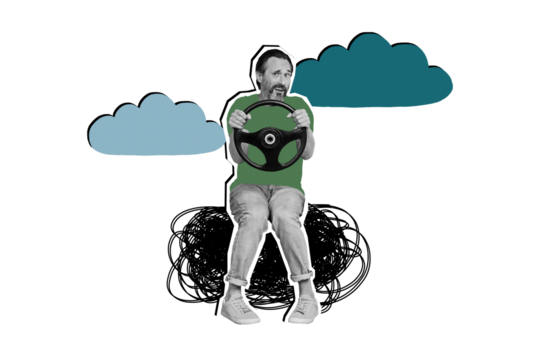 Composite photo collage of dissatisfied man hold steering wheel drive cash accident problem license isolated on painted background