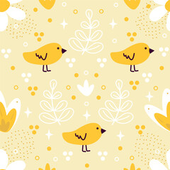 Seamless pattern with cute chicks and floral elements . Easter background. Vector illustration