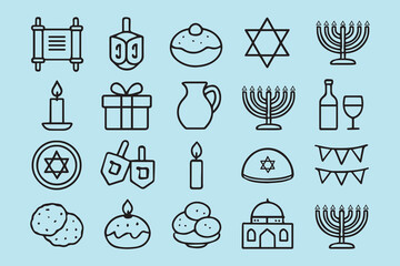 Fototapeta premium Line art illustration isolated on white background showcasing various symbols and icons related to hanukkah, including menorahs, dreidels, and stars of david