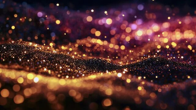 Elegant sparkle background with soft bokeh effect. Abstract golden purple glitter texture and dark gradient glow. Sparkling particles shimmer and slowly move. Festive bg. Abstract sparkling texture.