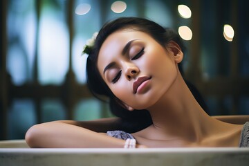 Young asian woman enjoying a moment of relaxation in a luxurious bathtub, her eyes closed and a serene expression on her face