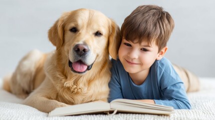 A young boy dressed in soft blue pajamas lies on a comfy blanket, happily reading a book with his golden retriever beside him, both looking relaxed and content in a warm setting
