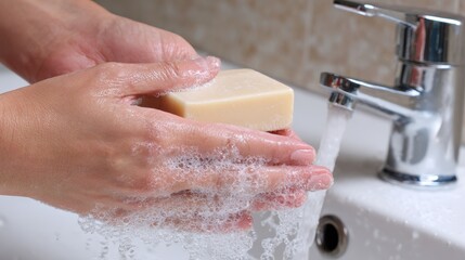 Fototapeta premium Effective Hand Washing Techniques: Woman Lathering Hands With Soap for Optimal Hygiene