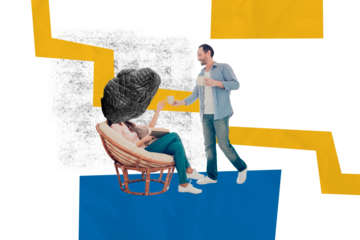 Composite trend artwork sketch image photo collage of headless crocodile animal young lady headless sit armchair man stand give cup drink