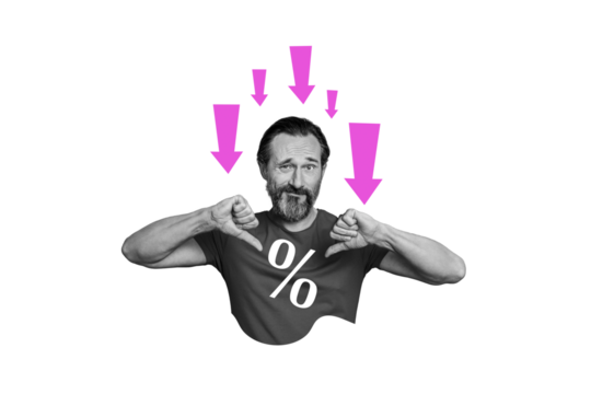 Composite photo collage of dissatisfied man show dislike percent arrow devaluation inflation problem isolated on painted background