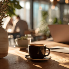 Fototapeta premium Close-up of a black coffee cup on a saucer on a polished wooden cafe table, laptop and plants in the background, bright morning sunlight streaming through large windows, golden hour glow