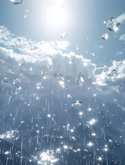 A close-up view of precipitation and water drops suspended in mid-air, highlighting the dazzling cumulus clouds, light reflections from stars, a blue and white sky, and high-speed photography