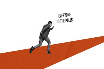 Composite trend artwork 3D image photo collage of call election choice democracy man run call action speech cloud everyone to the polls