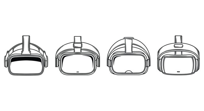 Four futuristic virtual reality headsets showcasing immersive digital entertainment and gaming technology vector