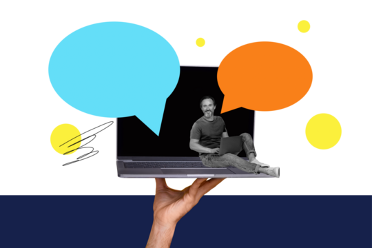 Composite sketch design artwork photo collage of speech bubble app conversation space hand hold laptop middle age man sit smile chatting - Powered by Adobe