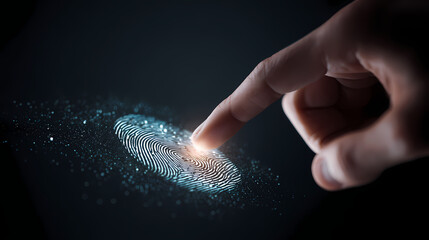 A human finger is touching a glowing fingerprint, symbolizing security and identity
