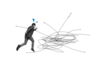 Composite photo collage of anonym confused man run arrow pointer turn direction career development drawing isolated on painted background