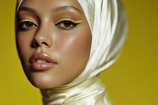 Black woman with bold yellow winged eyeliner and glossy lips on yellow background - Powered by Adobe