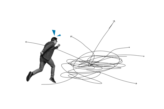 Composite photo collage of anonym confused man run arrow pointer turn direction career development drawing isolated on painted background