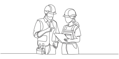 Continuous Line Drawing of Construction Team Discussing Plans