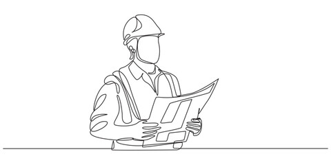 Continuous line drawing of an engineer reviewing blueprints,Continuous Line Drawing of a Construction Worker Pointing Upwards,labor day concept