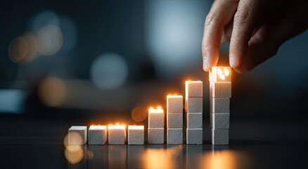 A hand places a light-emitting wooden block on top of a growing stack, illustrating upward progress