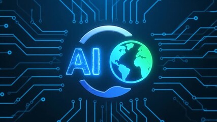Glowing AI text and a gradient globe icon surrounded by circuitry on a dark blue background - Powered by Adobe