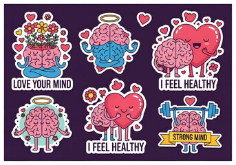 A collection of cute cartoon stickers promoting mental health and self-care with brain and heart characters