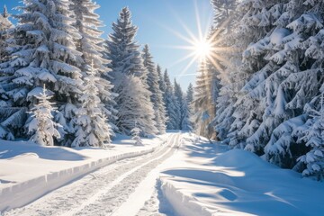 Obraz premium Snowy winter landscape with sun shining