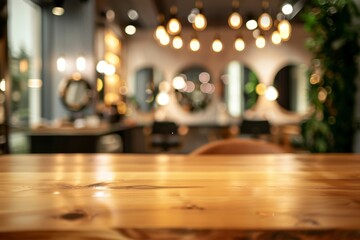 Blurred view of a modern cafe interior with warm lighting