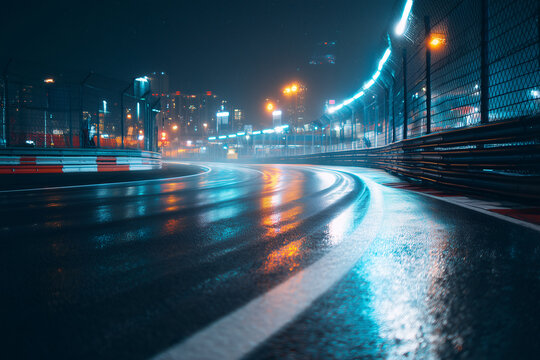 Urban Night Street Circuit With Neon Reflections On Wet Tarmac, Sparks Beside Armco, Skyline Glow, Temporary Barriers, City Racing, Night Speed, Wet Asphalt