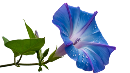 Vibrant blue morning glory flower with dewdrops on black background