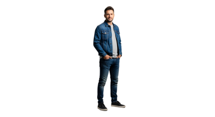 Confident man in denim jacket and jeans posing against a transparent background looking into the camera with a friendly smile.