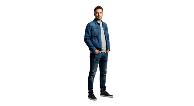 Confident man in denim jacket and jeans posing against a transparent background looking into the camera with a friendly smile.