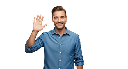 A cheerful man with blue eyes and blonde hair offers a friendly wave on a plain background, radiating warmth and welcome.
