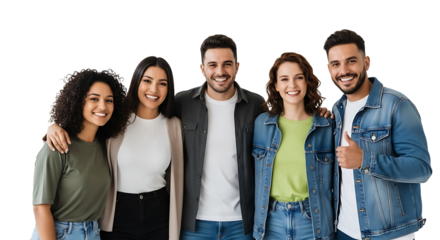 A diverse group of young adults smiles together, exuding happiness and unity in a casual, friendly environment.