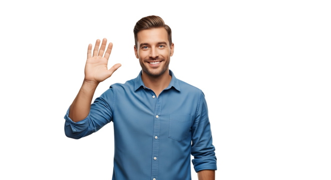 A cheerful man with blue eyes and blonde hair offers a friendly wave on a plain background, radiating warmth and welcome. - Powered by Adobe