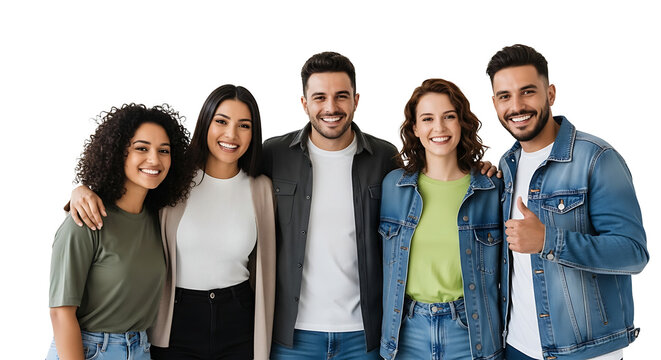 A diverse group of young adults smiles together, exuding happiness and unity in a casual, friendly environment.