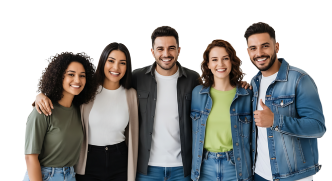 A diverse group of young adults smiles together, exuding happiness and unity in a casual, friendly environment.