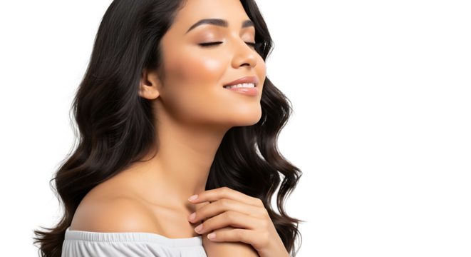 A woman in soft focus, eyes closed, with flowing dark hair, glowing skin, and hands crossed over her chest.