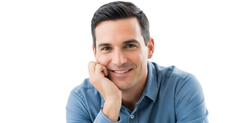 A smiling man with short hair in a blue shirt poses thoughtfully with his head resting on his hand confidently.