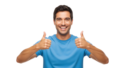 A cheerful man in a blue shirt is radiating positive energy while gesturing with a double thumbs-up on a transparent background.