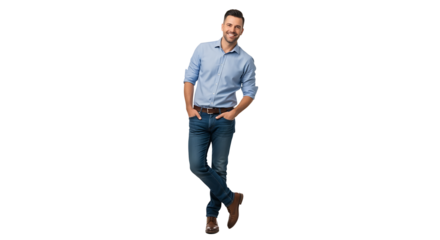 A smiling man wearing blue shirt and denim jeans is posing with his hands in his pockets on a plain background.