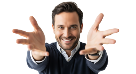 A smiling man with open arms, inviting with a friendly and welcoming gesture, looking directly at the viewer.