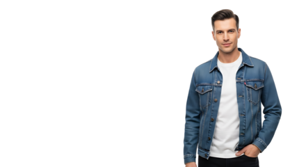 An attractive man poses against a transparent background, his relaxed posture and confident expression conveying approachability.